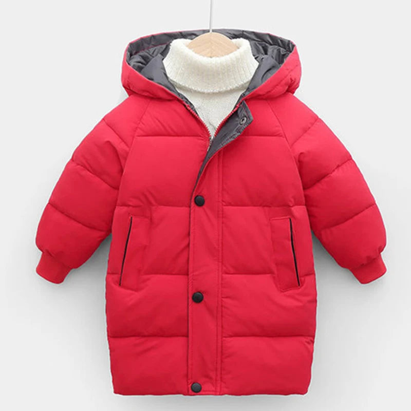 Red children's puffer jacket with gray hood