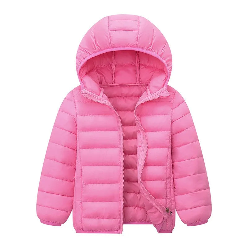Pink puffer jacket with a hood