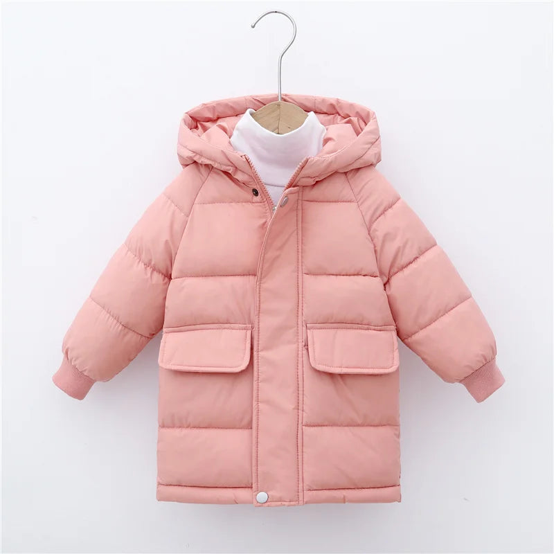 Pink children's puffer jacket on a hanger