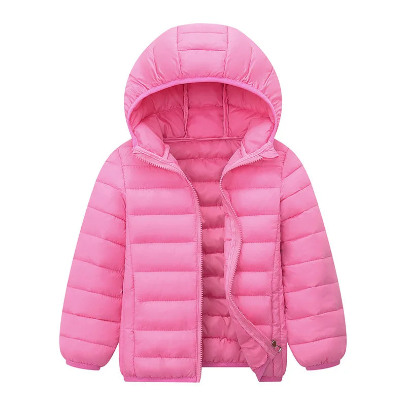 Pink puffer jacket with a hood