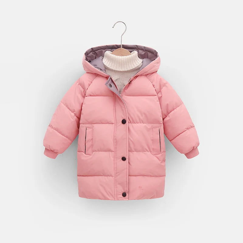 Pink children's puffer jacket on a hanger