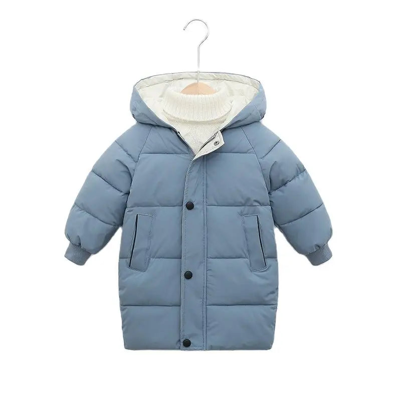 Blue children's puffer jacket with a white hood 