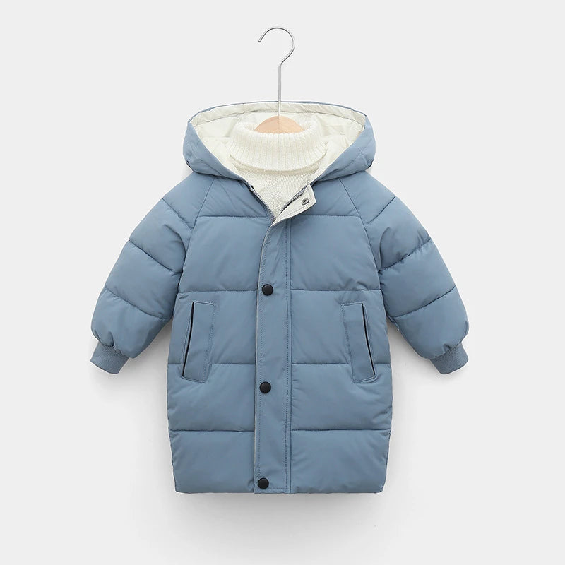 Blue children's puffer coat on a hanger 