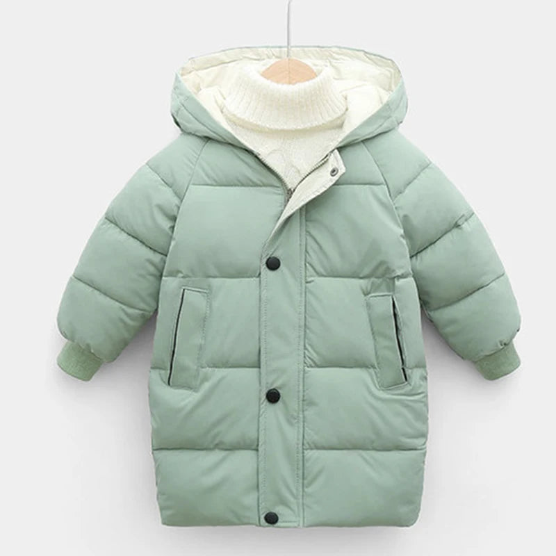 Green children's puffer jacket with a hood