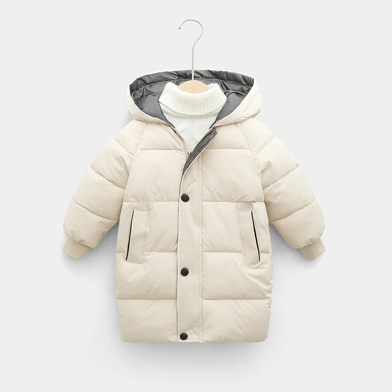Beige winter coat with gray hood 