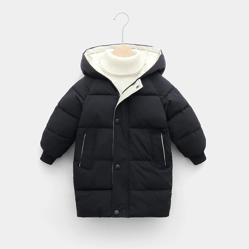 Black puffer jacket with a hood 