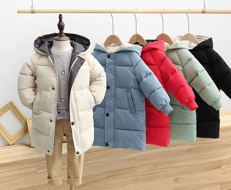 Collection of colorful children's puffer jackets 