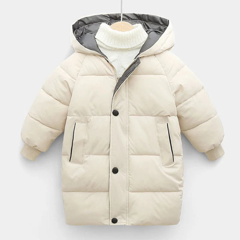 Beige winter jacket with gray hood 