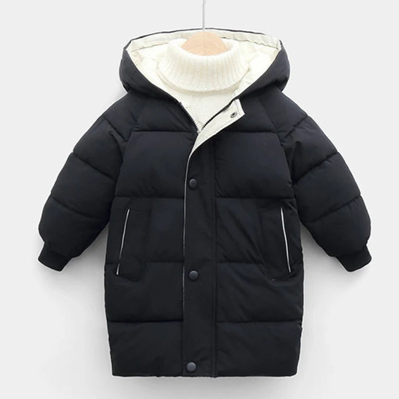 Black puffer jacket with a white hood 