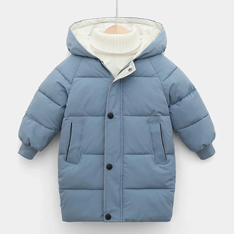 Blue children's puffer jacket with a hood 