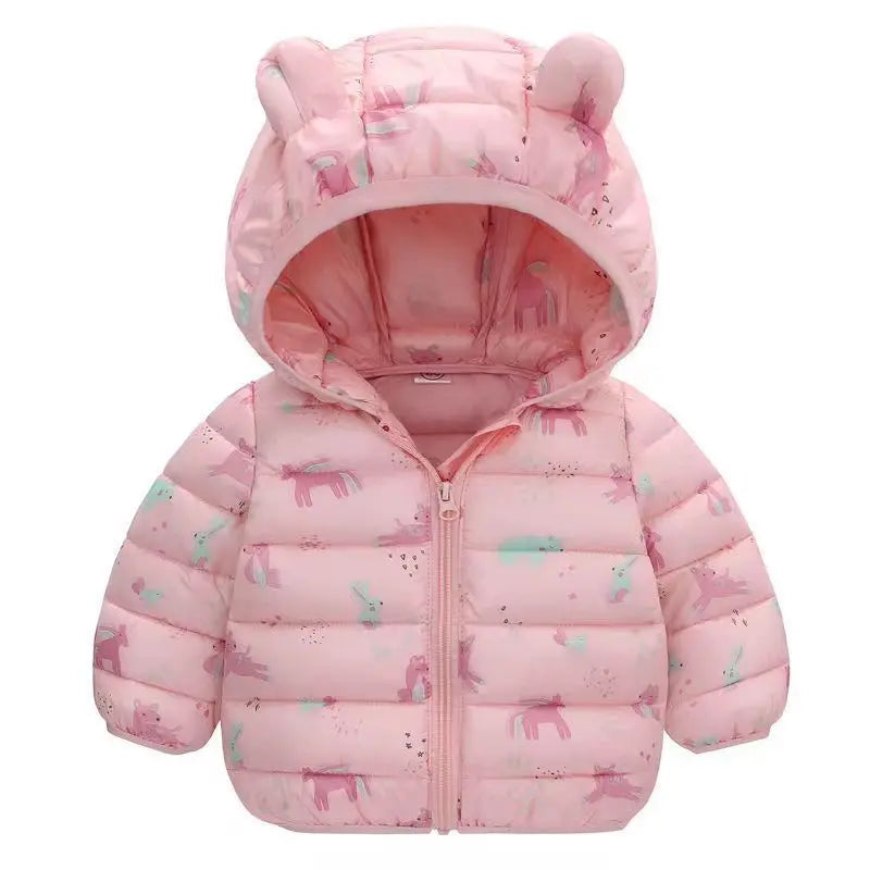 Pink children's puffer jacket with bear ears 