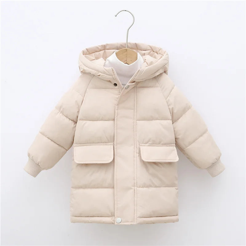 Beige puffer jacket on a hanger