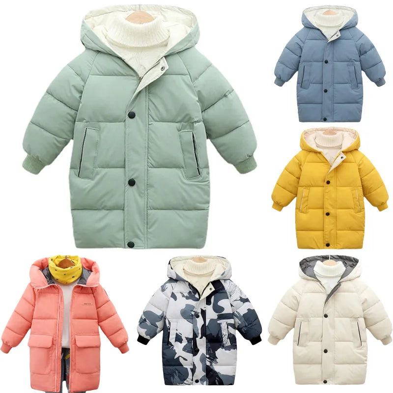 Collection of colorful children's winter jackets 