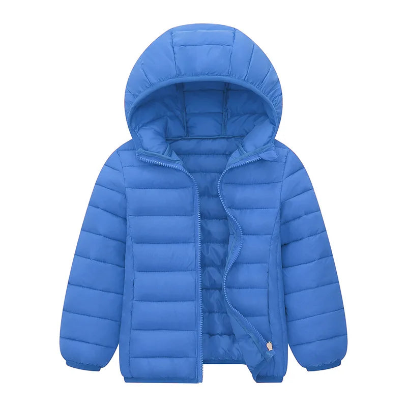 Blue puffer jacket with a hood 