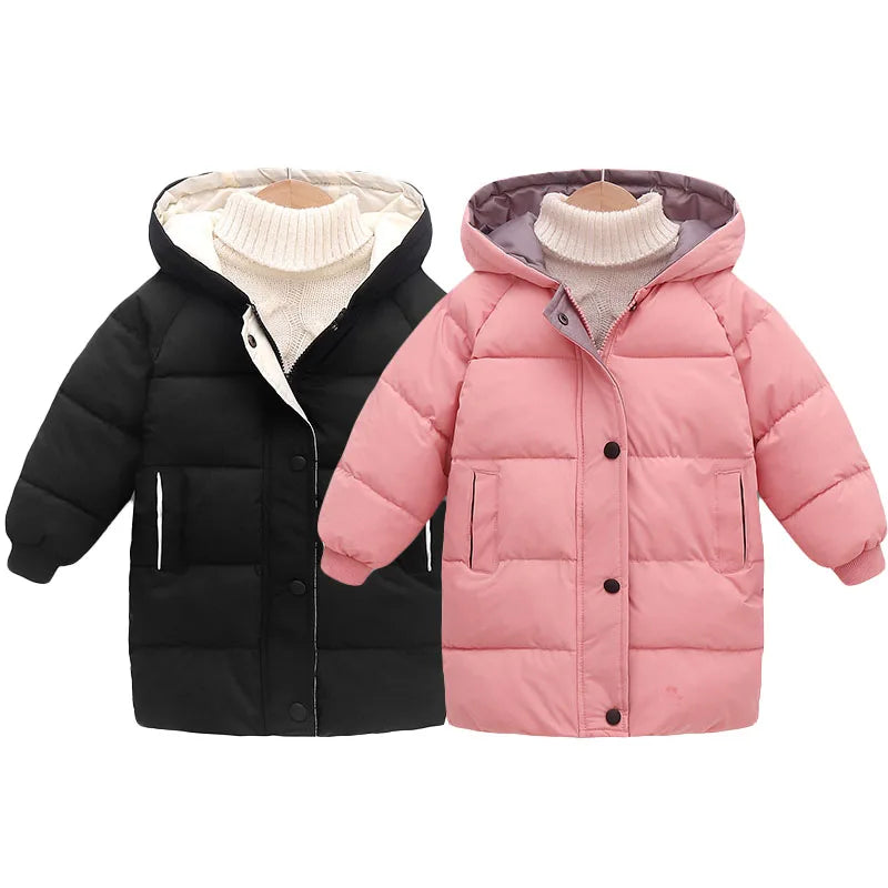 Black and pink children's puffer jackets with hoodies 
