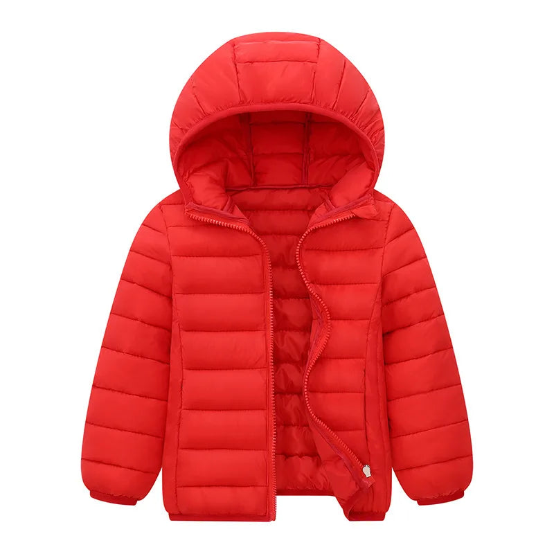Red puffer jacket with a hood 