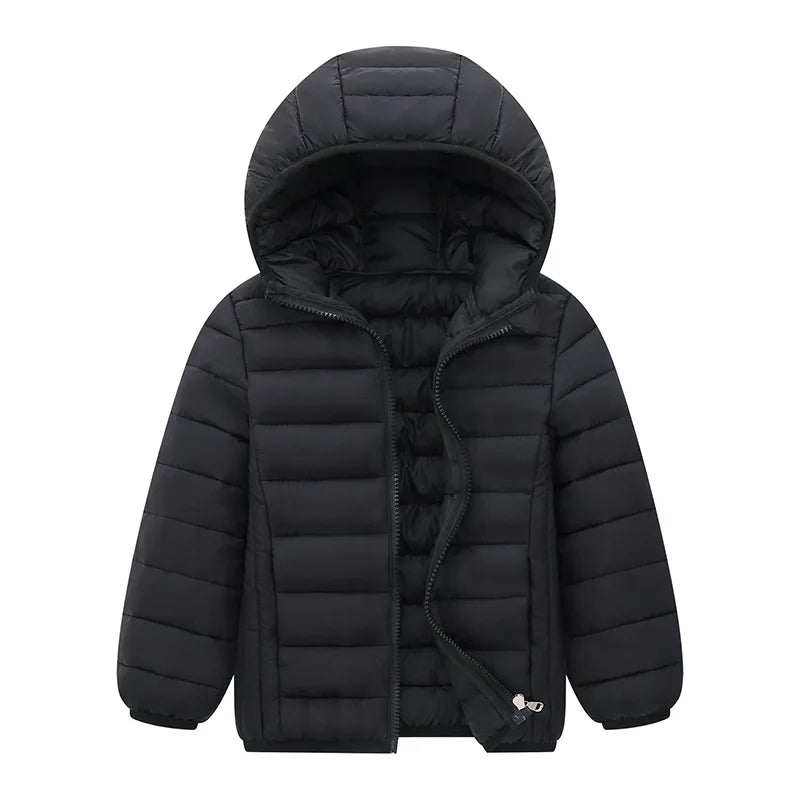 Black puffer jacket with a hood
