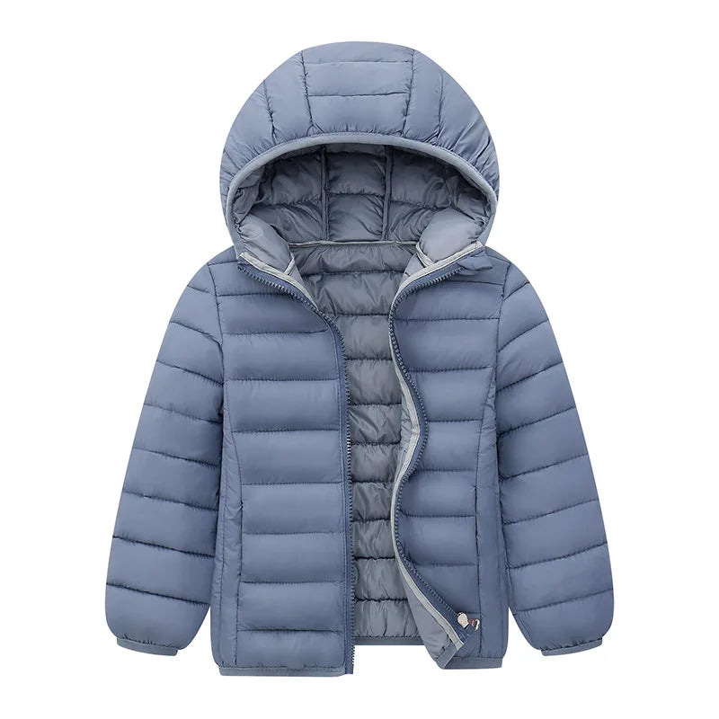 Blue puffer jacket with a hood 