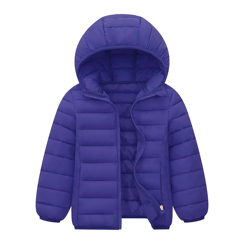 Blue puffer jacket with a hood 