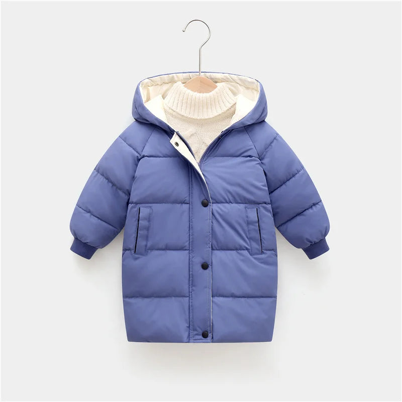 Blue children's puffer jacket on a hanger 