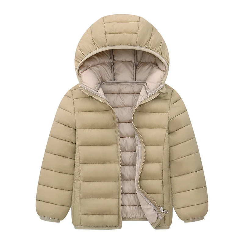 Beige puffer jacket with a hood